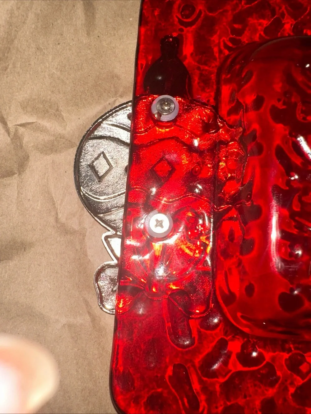 Red Glass Vanity Tray with Silver ornament Accent Handles Christmas
